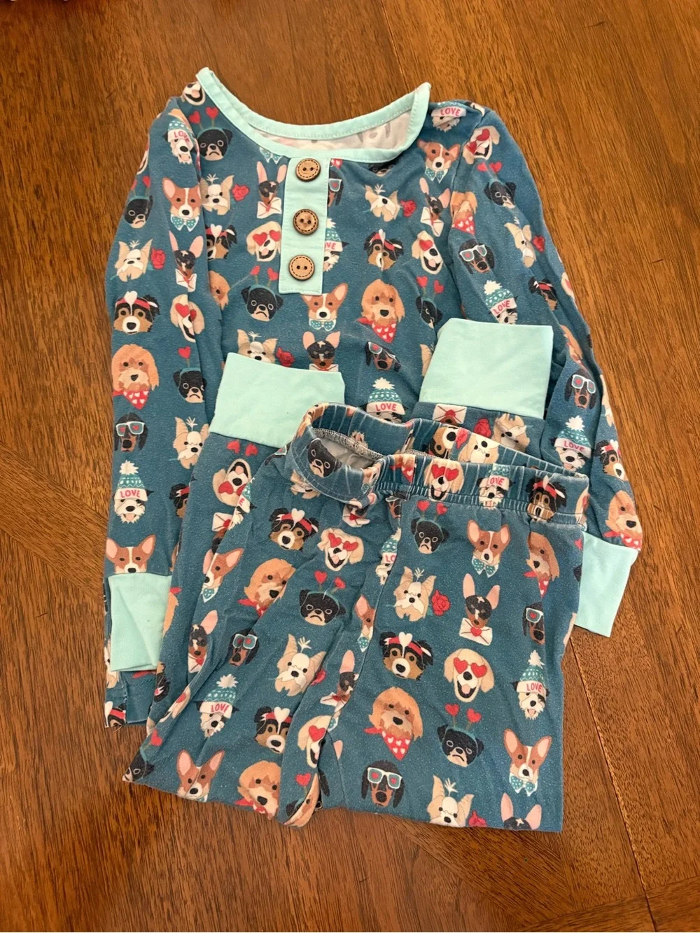 Blue Kids Pajama Set with Dog Faces and Mint Trim